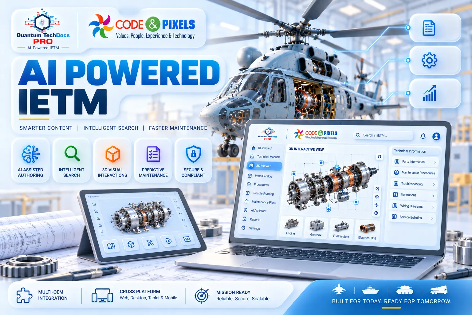 AI-powered IETM platform displaying 3D interactive views of a helicopter engine with AI-assisted authoring, intelligent search, predictive maintenance, secure technical information, and multi-OEM integration.
