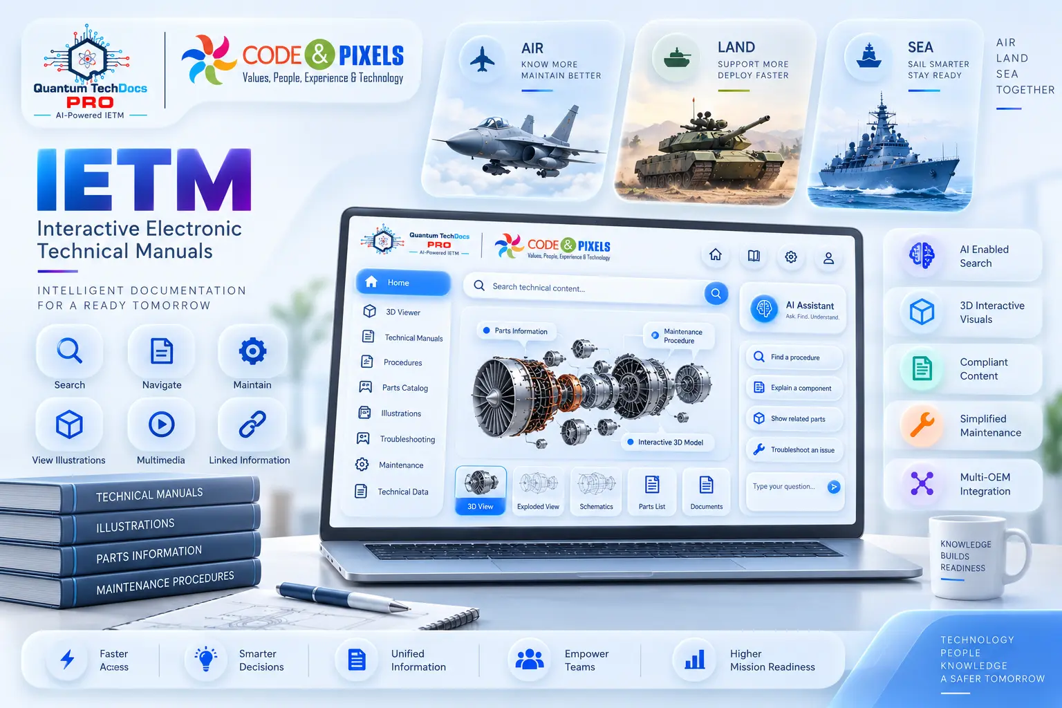 Interactive Electronic Technical Manuals (IETM) platform with AI-enabled search, 3D interactive visuals, technical manuals, maintenance procedures, parts information, and multimedia for air, land, and sea defence systems.