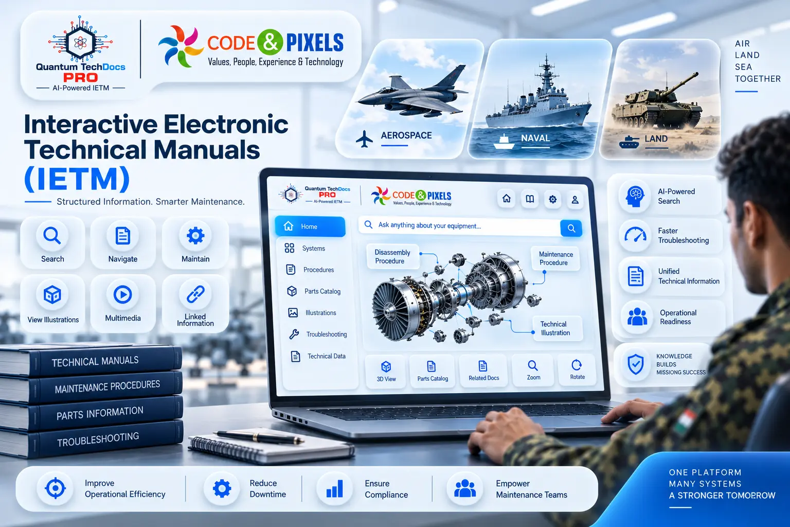 Interactive Electronic Technical Manuals (IETM) platform showing AI-powered search, 3D exploded technical illustrations, maintenance procedures, parts information, and troubleshooting for aerospace, naval, and land systems.