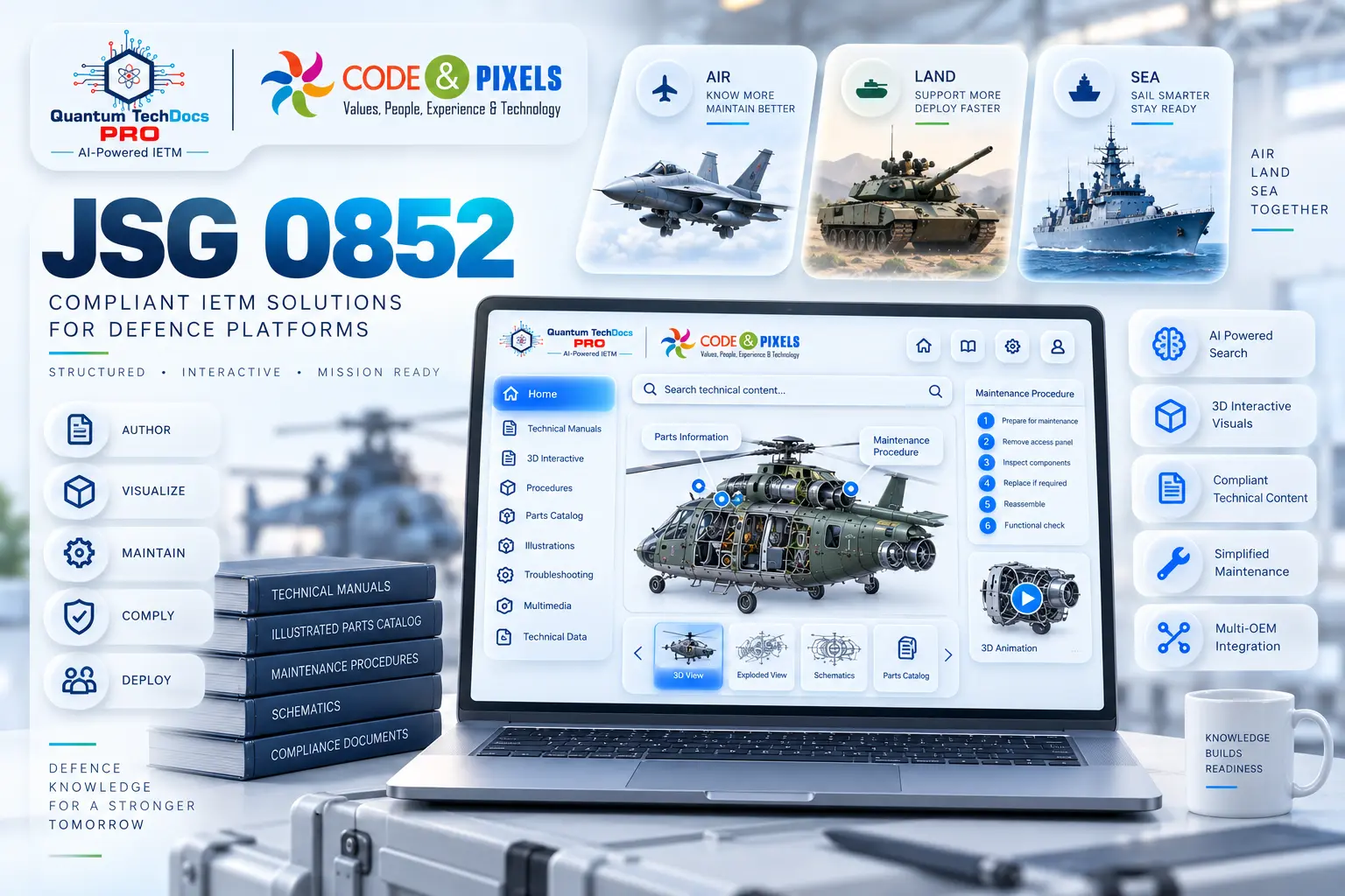 JSG 0852 compliant IETM solution for defence platforms, featuring AI-powered search, 3D interactive visuals, helicopter maintenance procedures, illustrated parts catalogs, schematics, and multi-OEM integration.