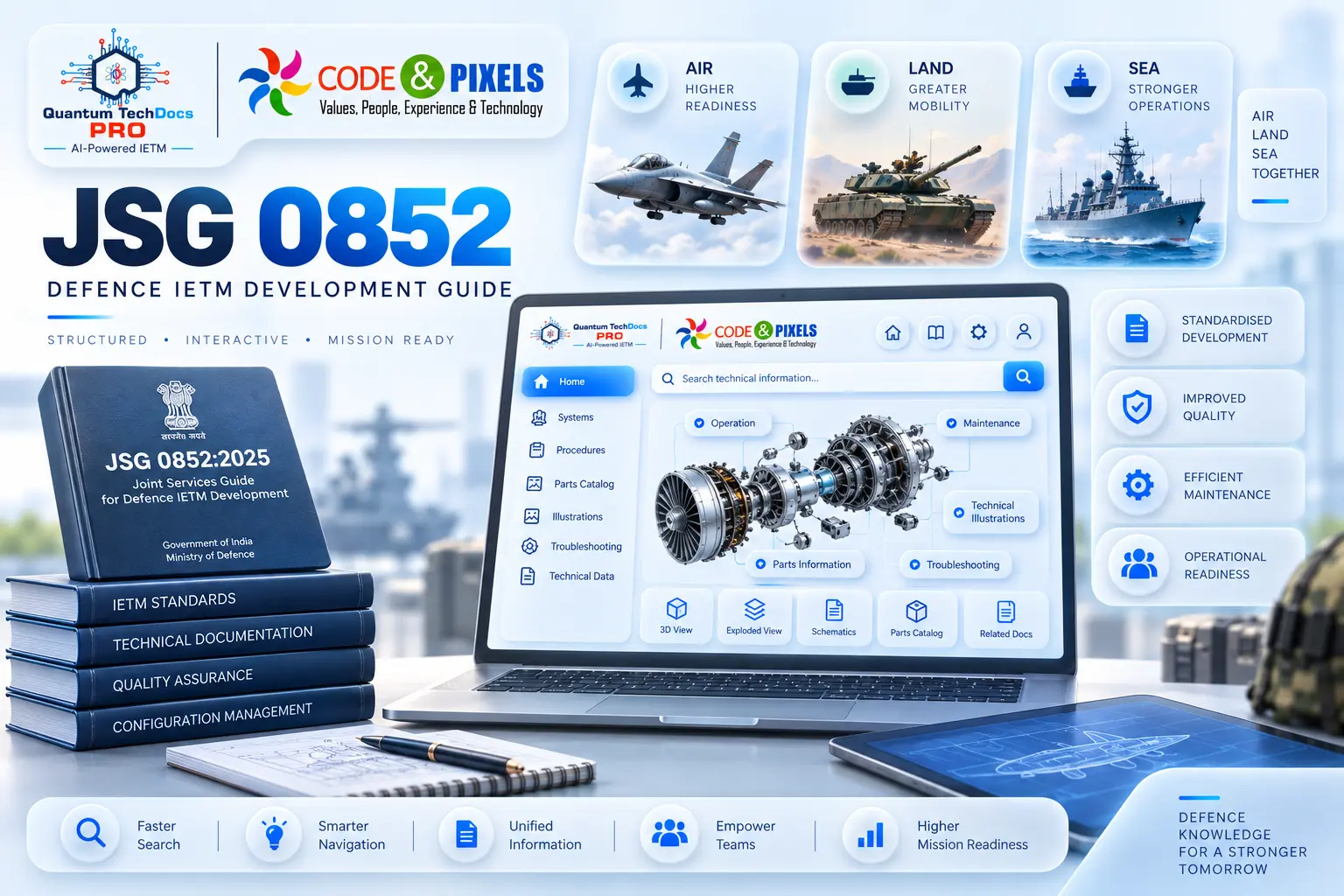 JSG 0852 Defence IETM Development Guide showing standardized IETM development for air, land, and sea defence platforms, with technical documentation, 3D exploded views, parts information, troubleshooting, and maintenance features.