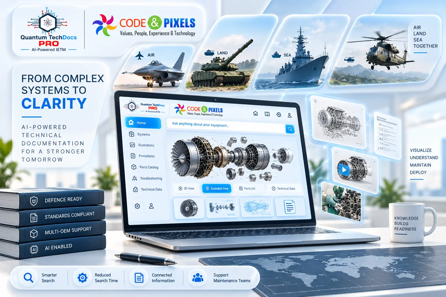 Quantum TechDocs PRO AI-powered technical documentation platform showing an interactive 3D exploded view of an aircraft engine, with air, land, and sea defence systems and maintenance information.