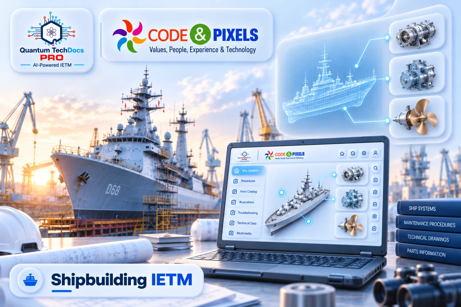Shipbuilding IETM platform displaying digital ship systems, maintenance procedures, technical drawings, parts information, and interactive 3D ship and component visualization for naval technical documentation.